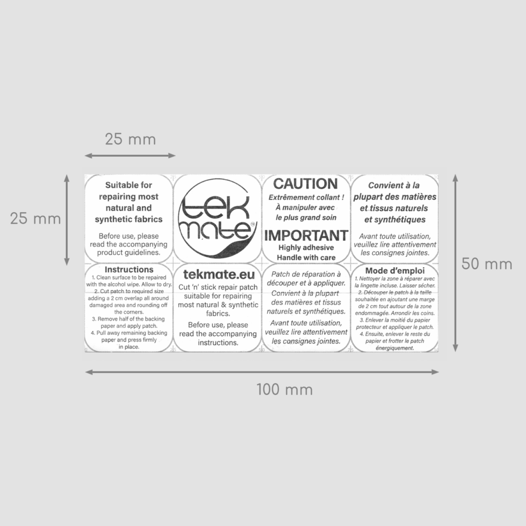 Reverse side/backing paper of tekmate patches showing dimensions